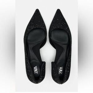 Zara Black Crystal-Stud Pointed Flats Sz 7